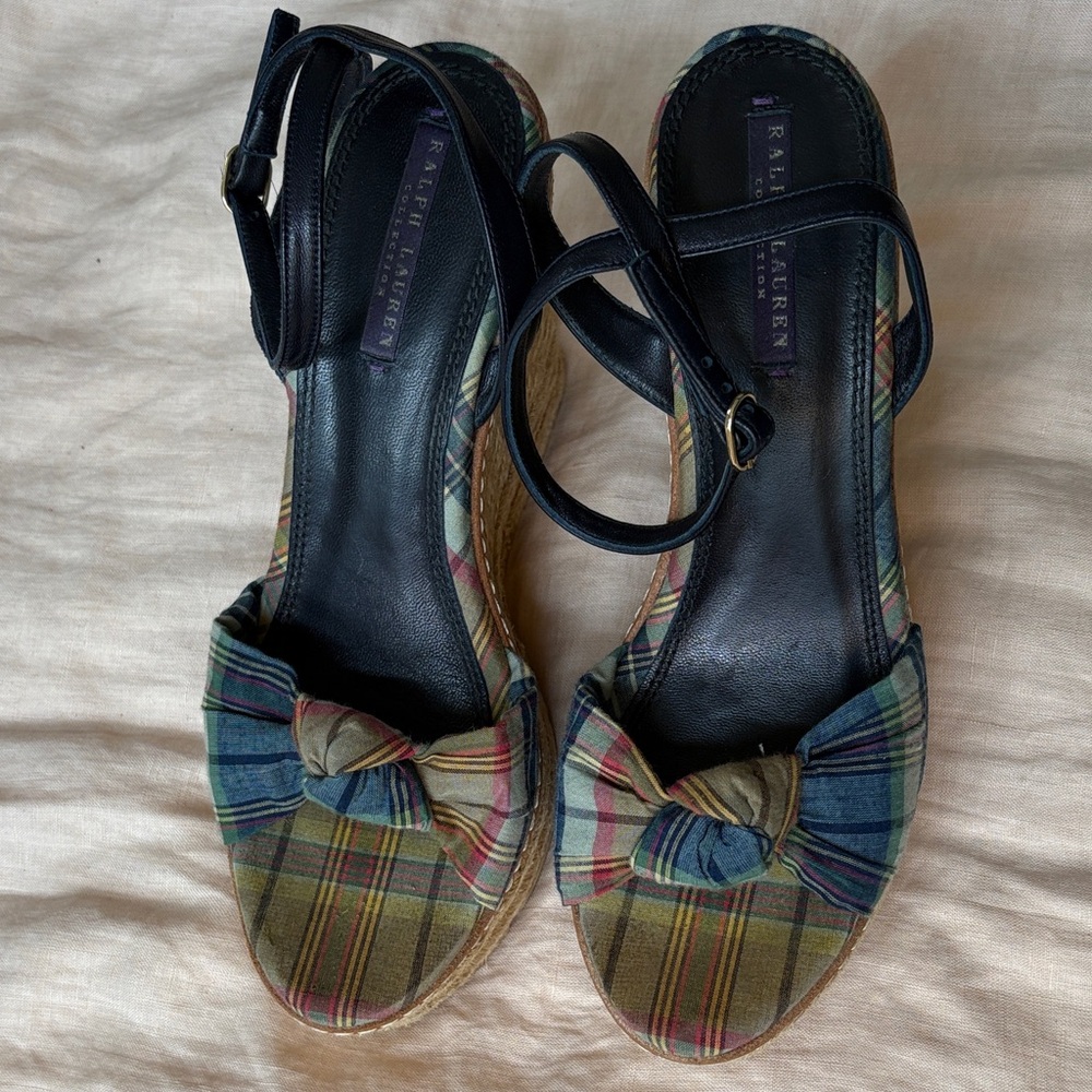 Ralph Lauren Plaid Knot Espadrille Wedges in Green and Blue